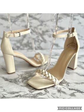 Nine West Nallah3 Ivory Braided Sandals Ankle Strap Block Heel 9.5